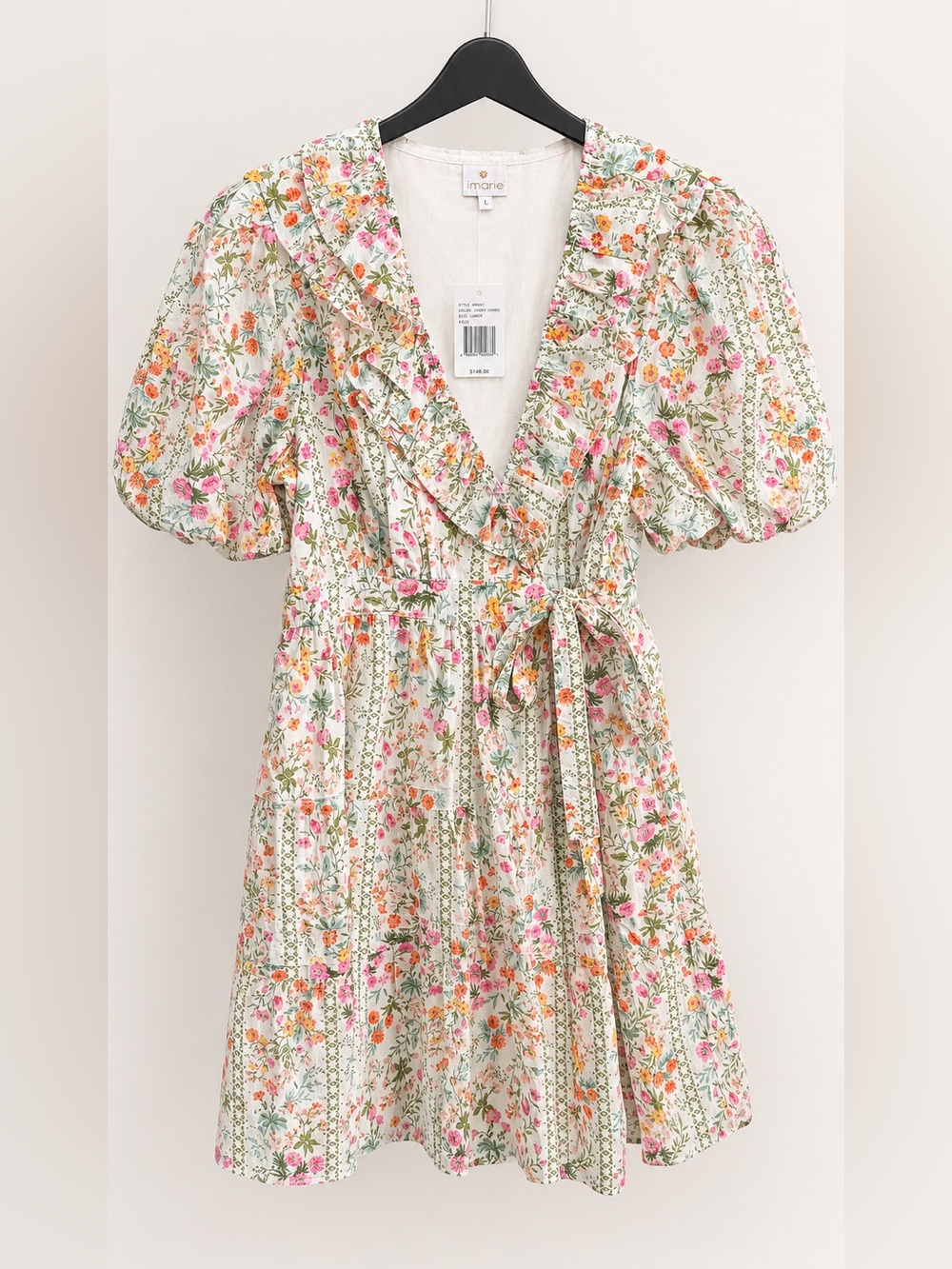 J. Marie Nora Ruffle Wrap Dress Size L NWT Floral Puff Sleeve Cottagecore Mini - Picture 5 of 14